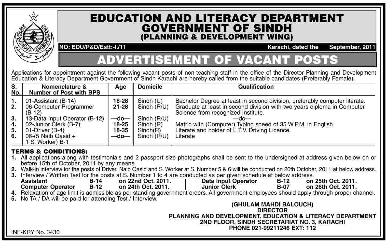 Education and Literacy Department, Sindh Job Oppurtunities
