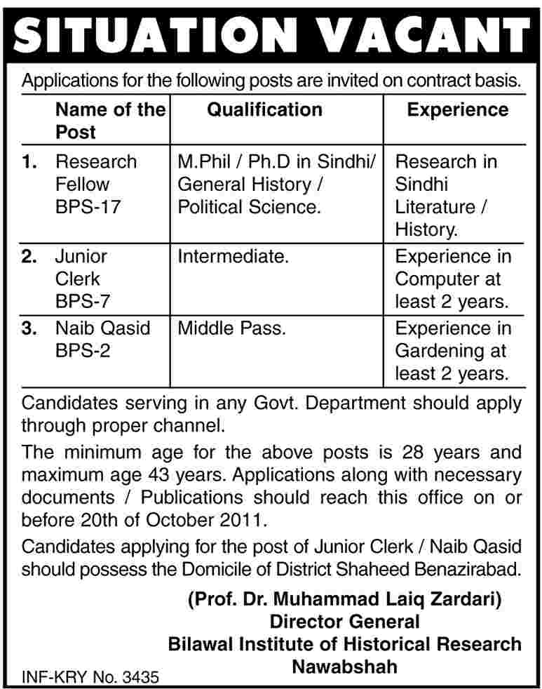 Bilawal Institude of Historical Research Nawabshah- Situation Vacant