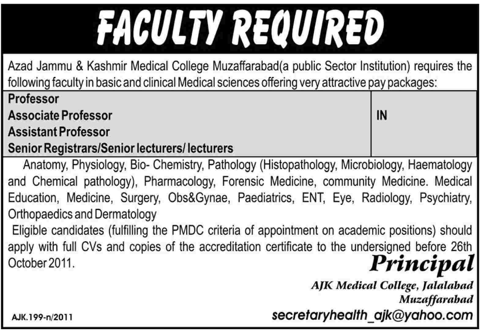 Azad Jammu & Kashmir Medical College Muzaffarabad Required Faculty