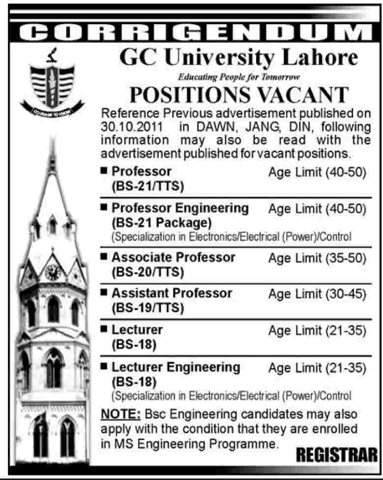 GC University Lahore Position Vacant