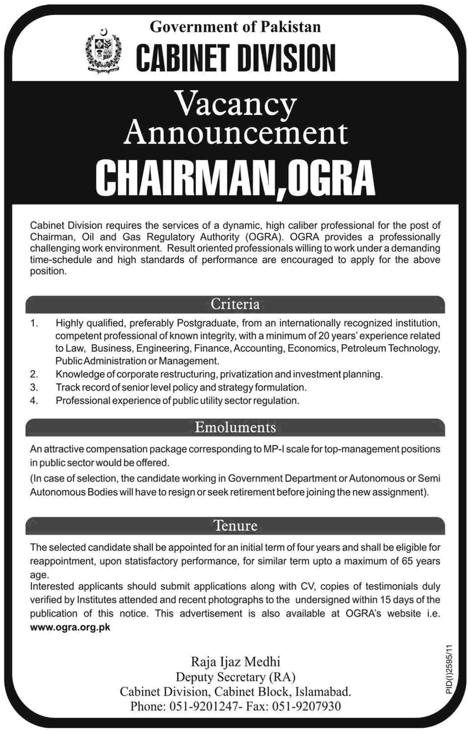Cabinet Division Required the Services of Chairman OGRA