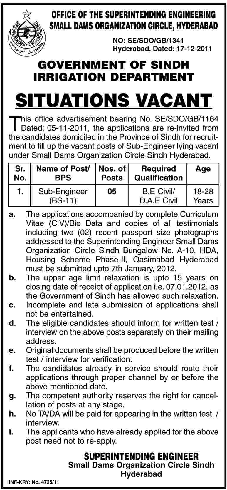 Government of Sindh Irrigation Department Required Sub Engineers