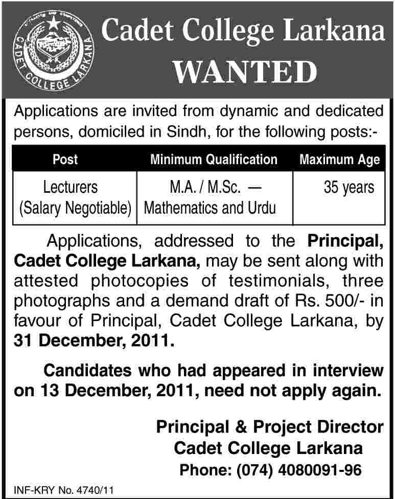 Cadet College Larkana Required Lecturers