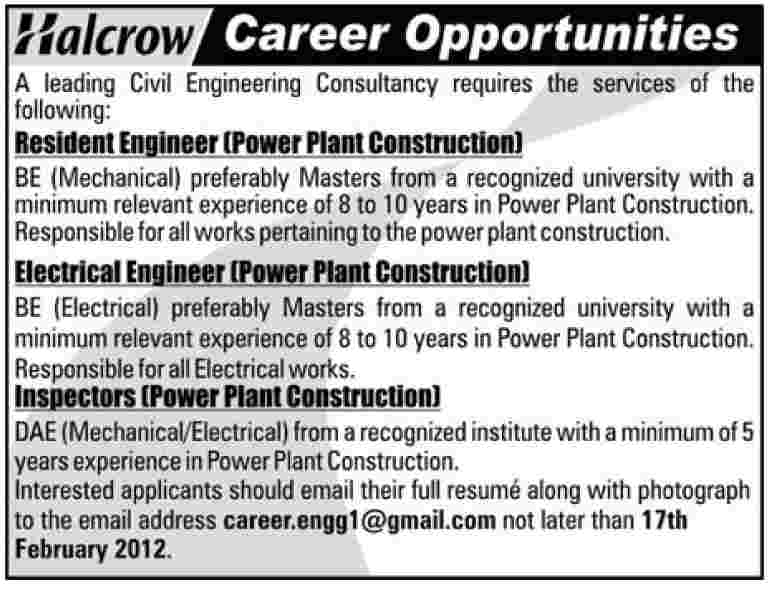 Halcrow Civil Engineering Consultancy Required Engineers and Inspectors
