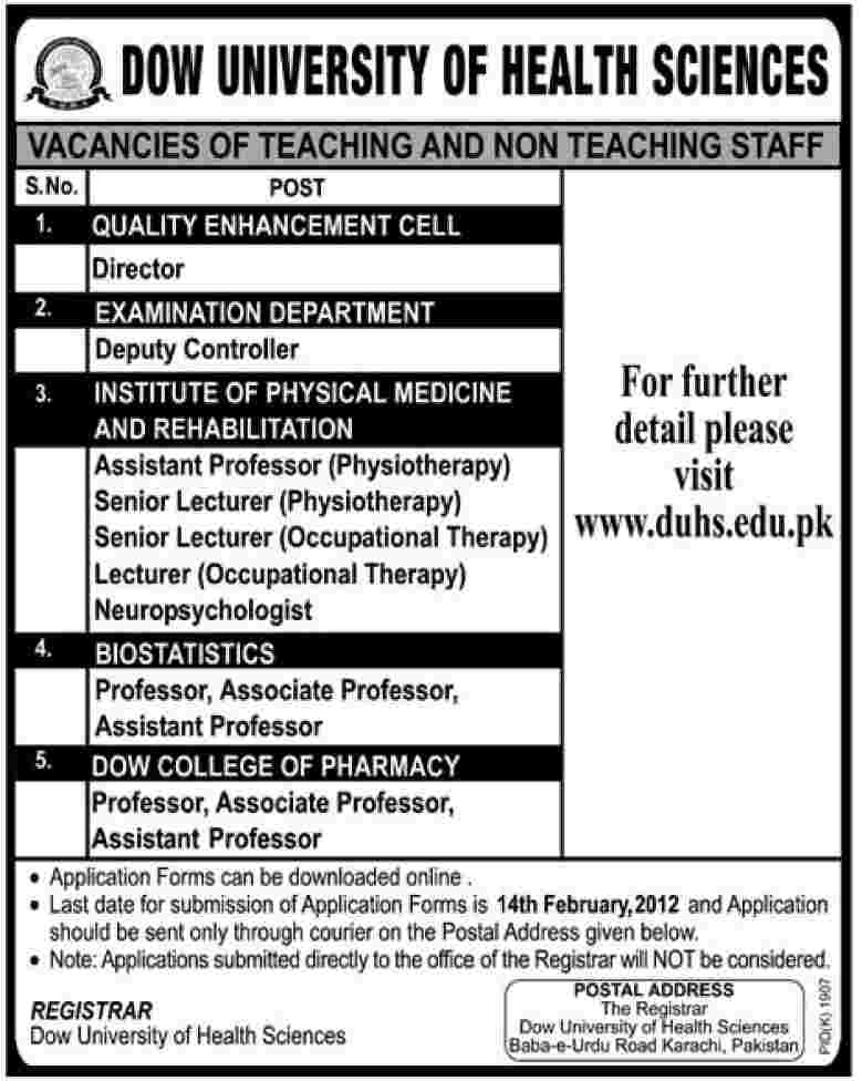 DOW University of Health Sciences Jobs Opportunity