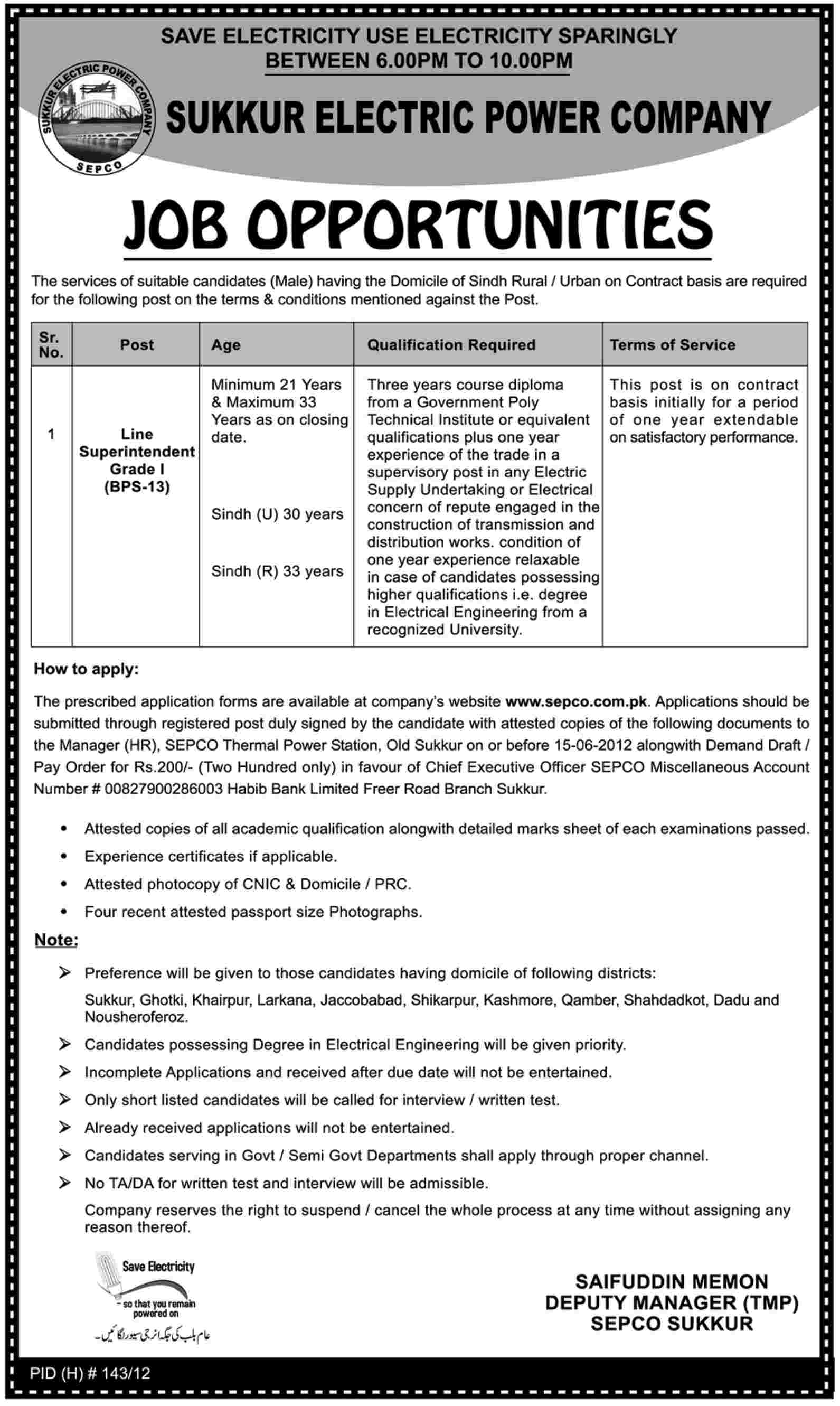 Line Superintendent Required at SEPCO (Sukkur Electric Power Company)