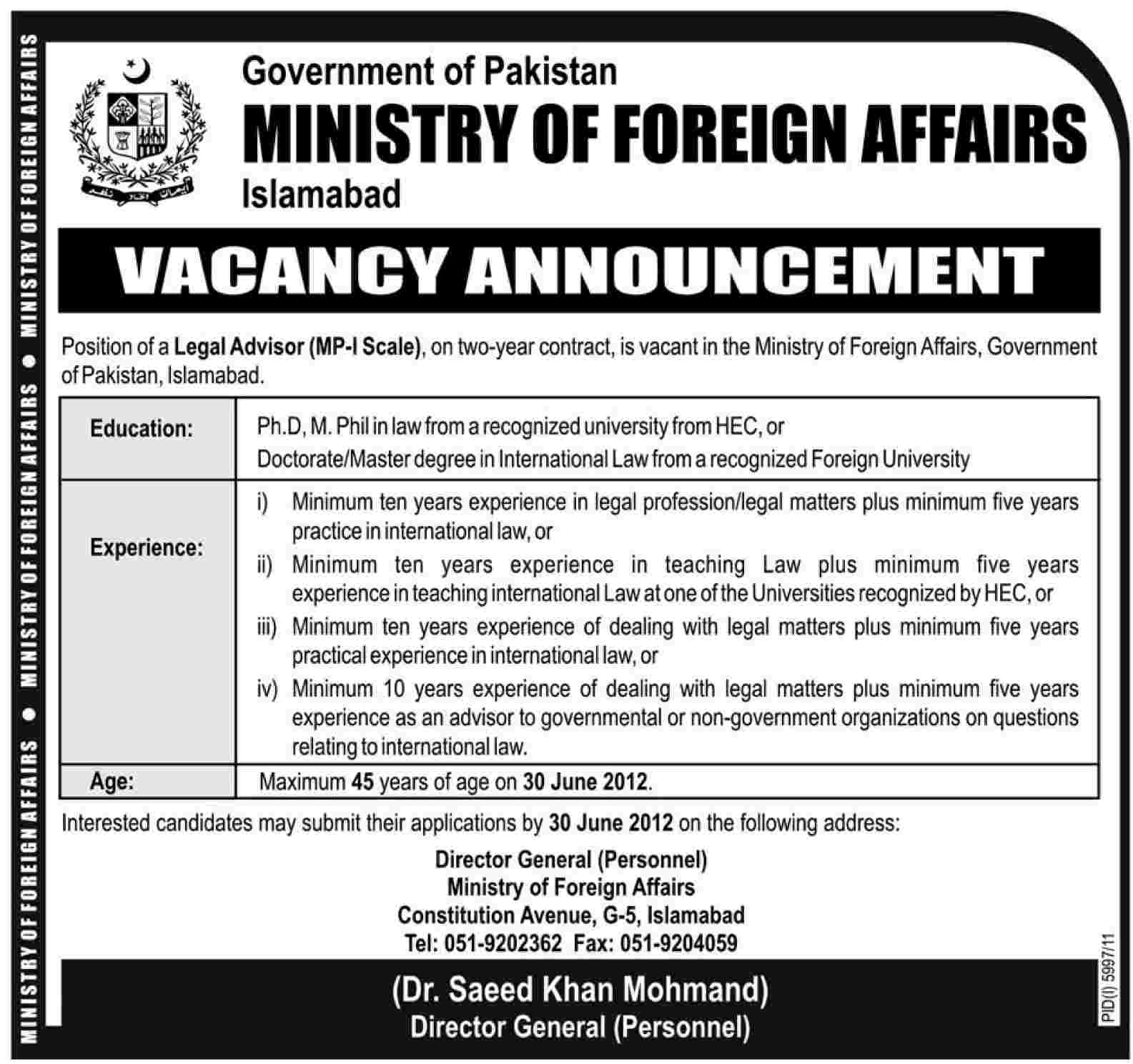 Legal Advisor Required in Ministry of Foreign Affairs Pakistan (Govt. job)