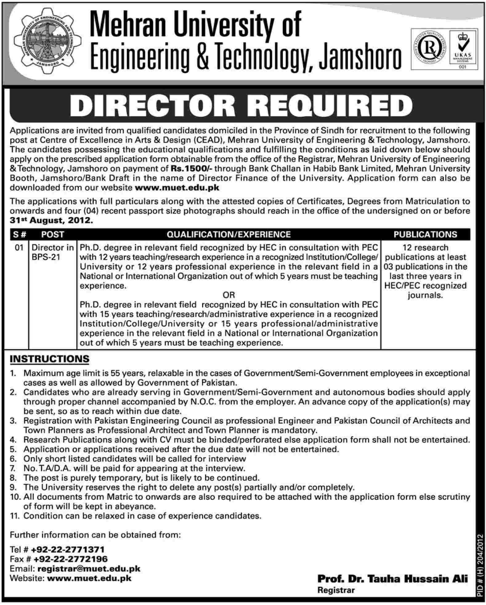 Mehran University of Engineering & Technology Requires Director CEAD (Government Job)