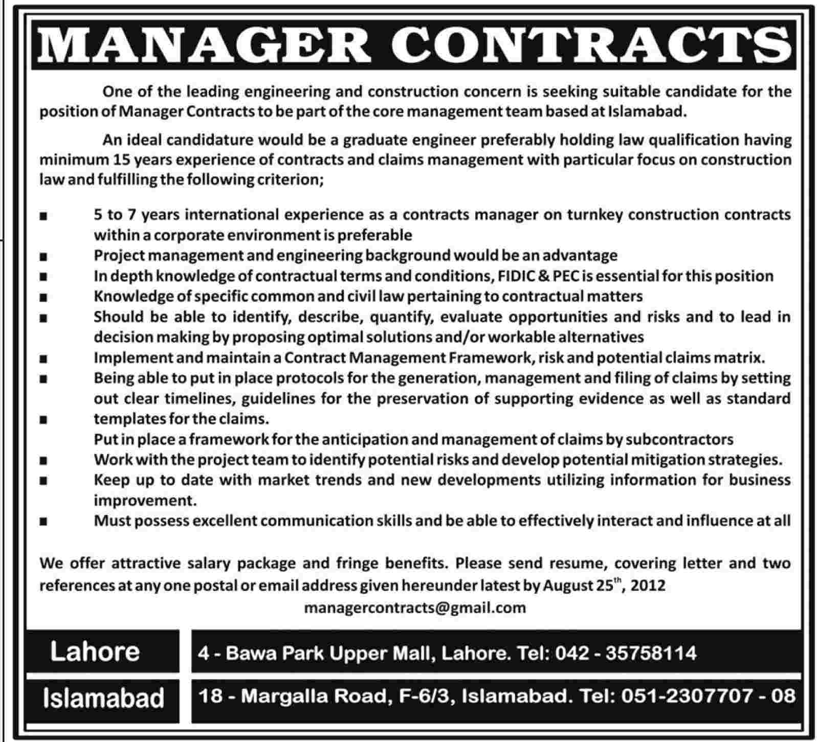 An Engineering and Construction Company Requires Manager Contract