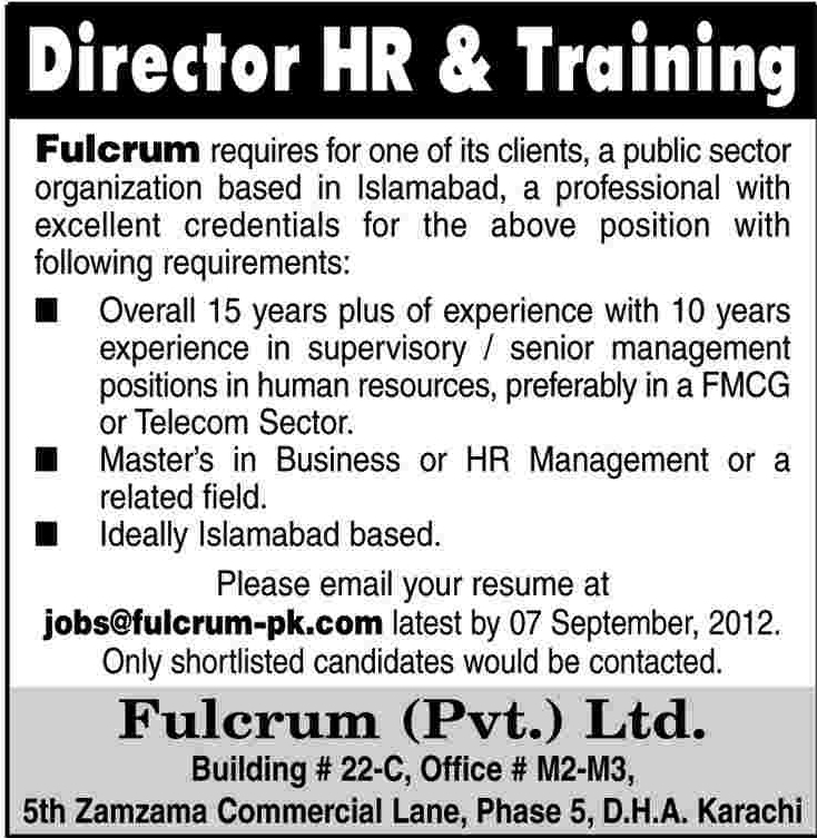 Director HR & Training Required by Fulcrum Company