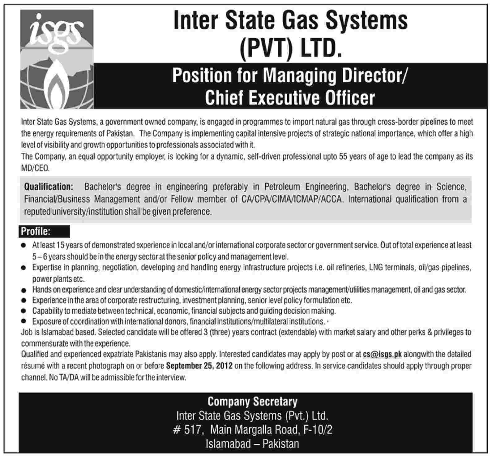 Inter State Gas Systems Private Limited Requires Chief Executive Office (CEO)