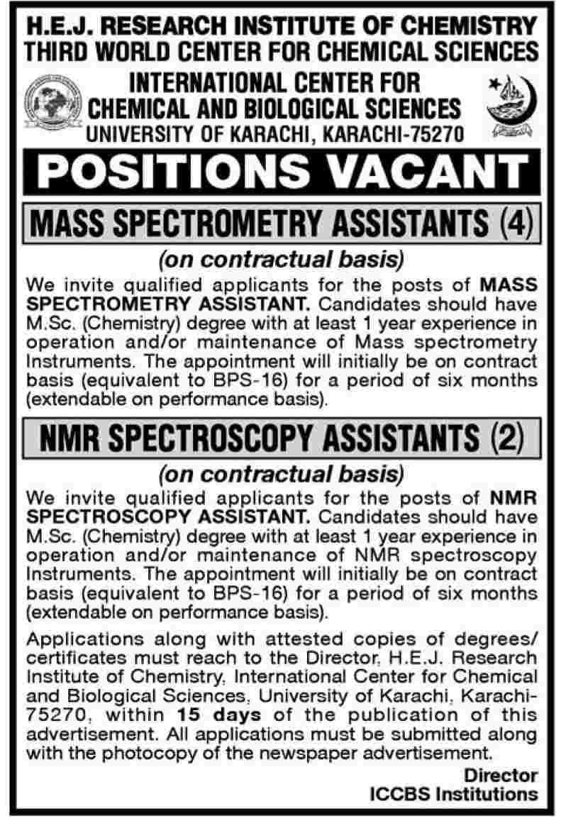 Mass Spectrometry Assistant and NMR Spectrometry Assistants Required Under University of Karachi (Government Job)