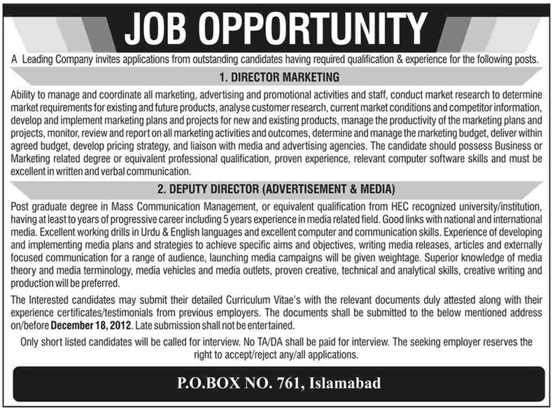 PO Box 761 Islamabad Jobs 2012 for Director Marketing & Deputy Director Advertisement & Media