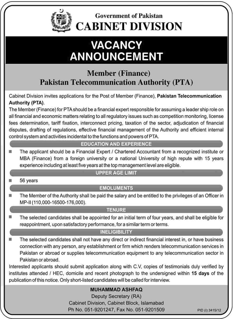 Pakistan Telecommunication Authority Member Finance Vacancy 2013 at Islamabad