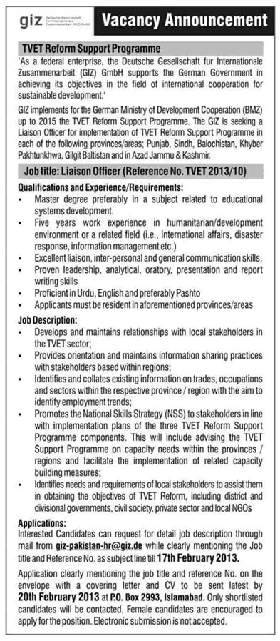 GIZ Jobs 2013 February for Liaison Officers (German Agency for International Cooperation)