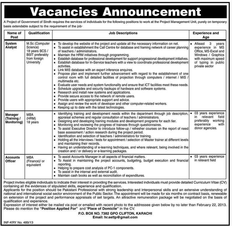 Sindh Elementary Teachers Training Project (SETTP) PMU Jobs 2013 Karachi
