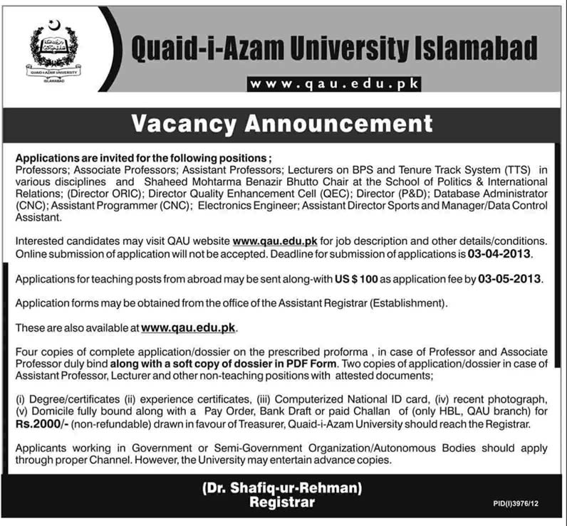Quaid-i-Azam University Islamabad Jobs 2013