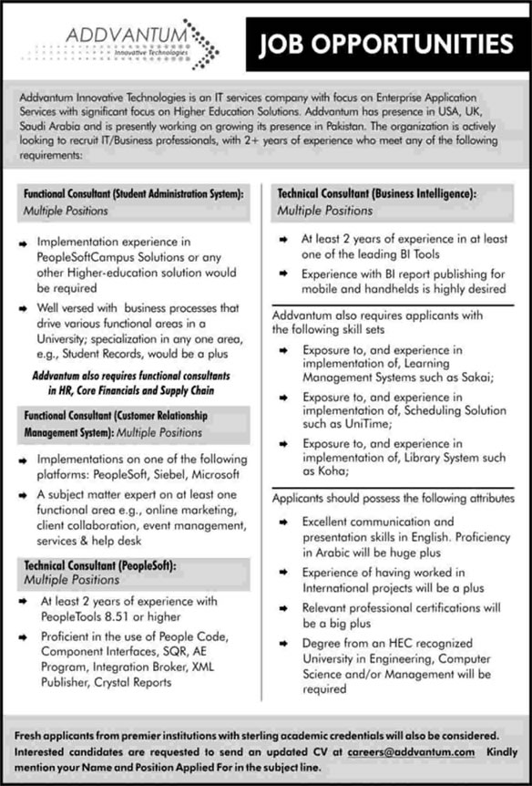Addvantum Innovative Technologies Jobs 2013 for Functional & Technical Consultants