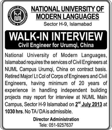 Civil Engineer Job in NUML University Campus Urumqi China 2013
