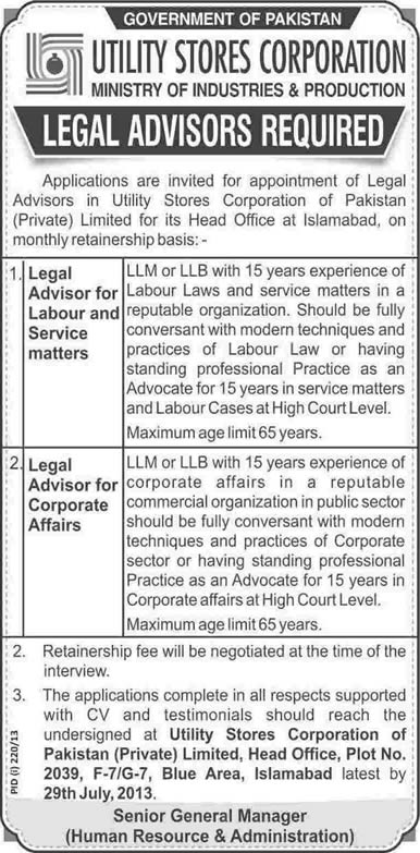 Utility Stores Corporation of Pakistan Jobs 2013 July for Legal Advisors on Retainership