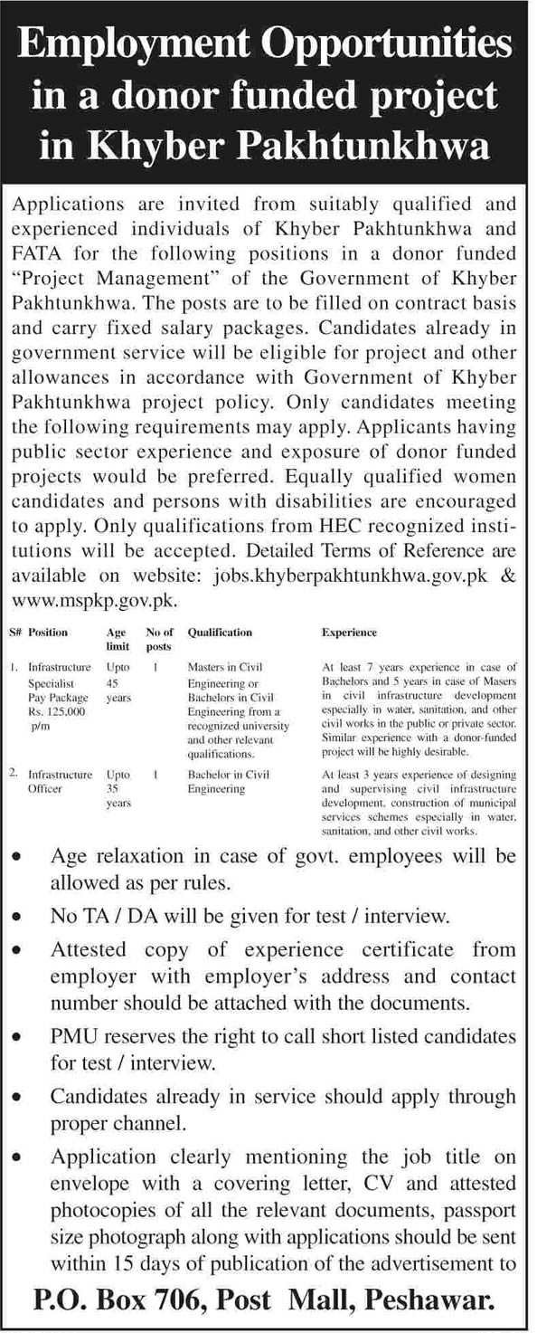 Civil Engineer Jobs in Municipal Services Program KPK 2014 May / June as Infrastructure Specialist / Officer