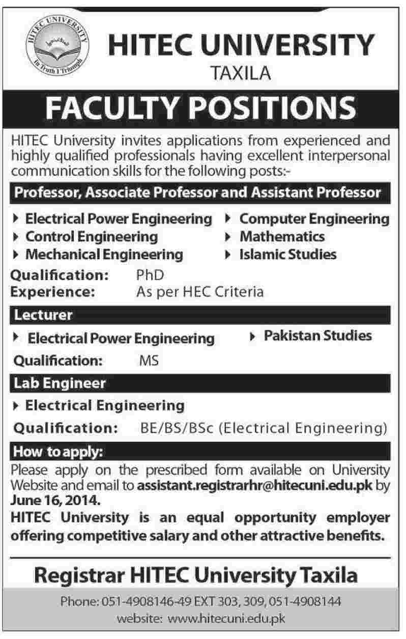 HITECH University Taxila Jobs 2014 June Teaching Faculty