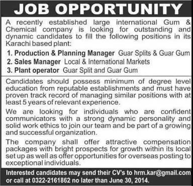 Production / Planning / Sales Manager & Plant Operator Jobs in Karachi 2014 June for Gum & Chemical Company