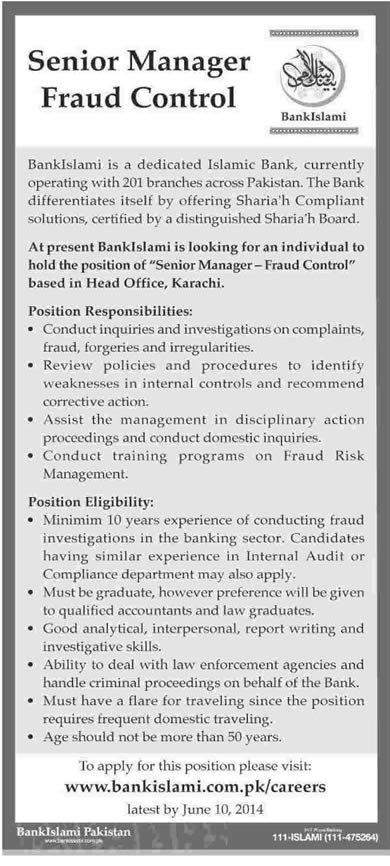 Bank Islami Jobs in Karachi 2014 June for Senior Manger Fraud Control