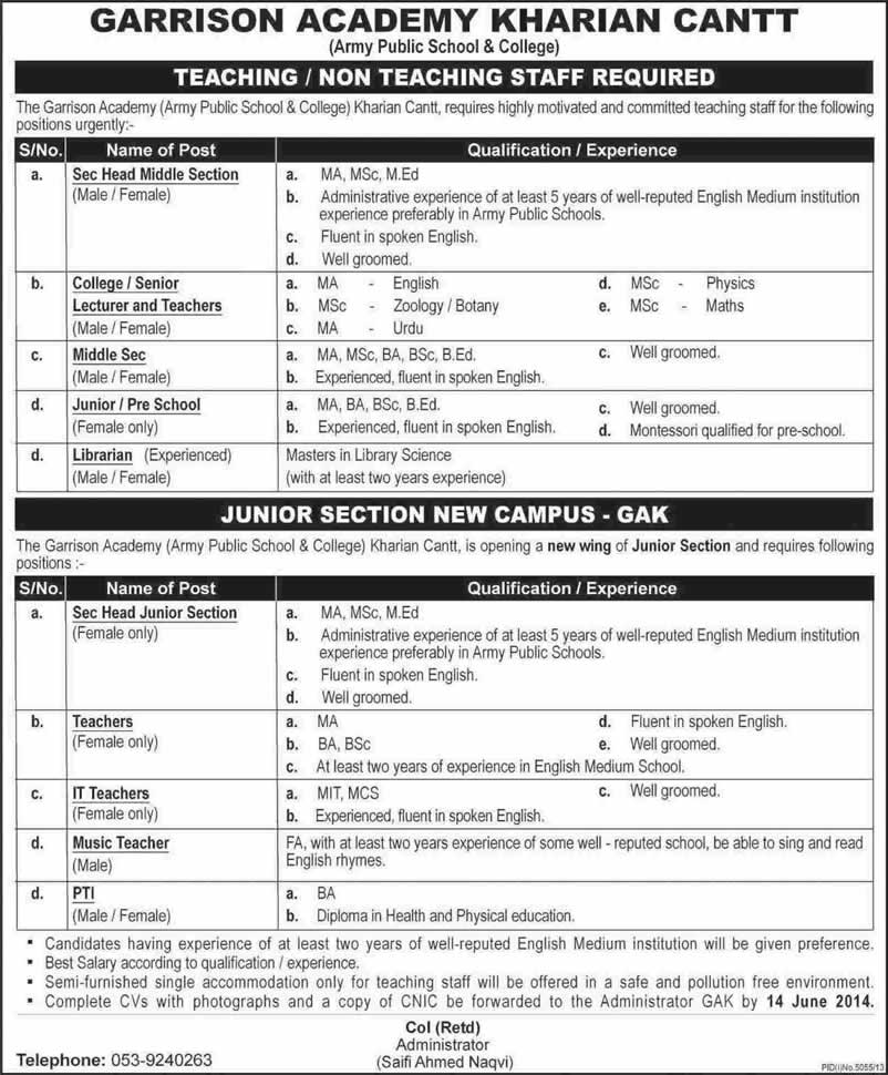 Garrison Academy Kharian Cantt Jobs 2014 June for Teaching & Non-Teaching Staff