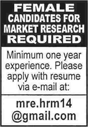 Market Research Jobs in Pakistan 2014 June Latest for Females