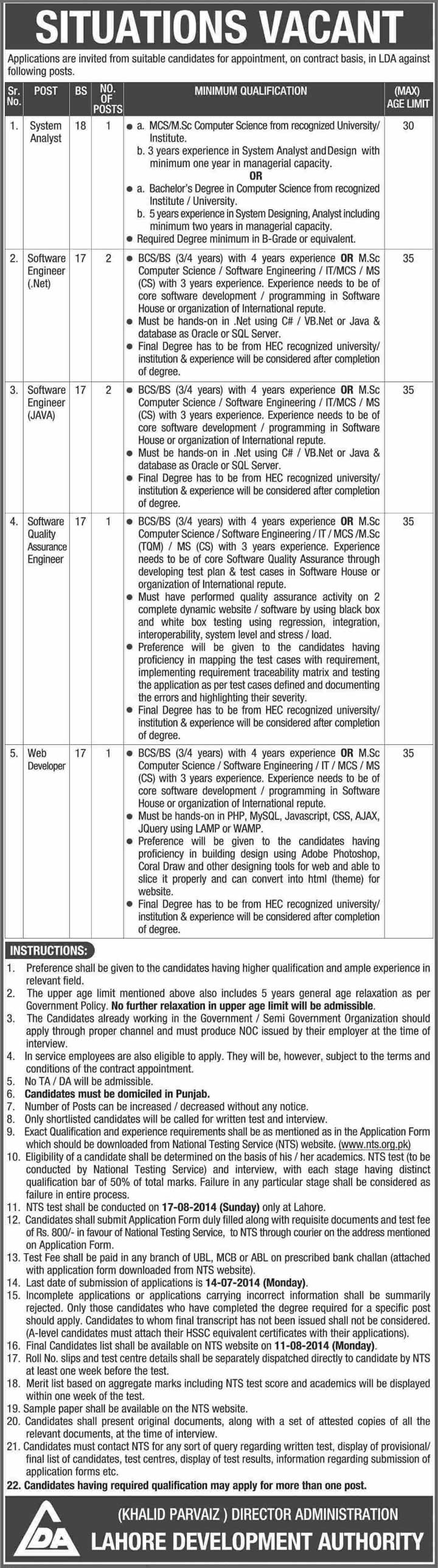 LDA Jobs June 2014 for Software Engineers in Lahore Development Authority