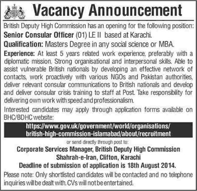 British Deputy High Commission Karachi Jobs 2014 August for Senior Consular Officer
