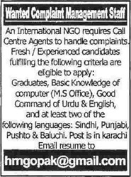 Call Center Jobs in Karachi 2014 August for an International NGO