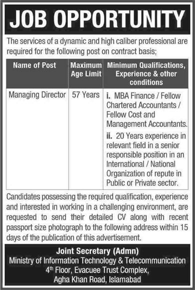 Ministry of Information Technology Pakistan Jobs 2014 August for Managing Director