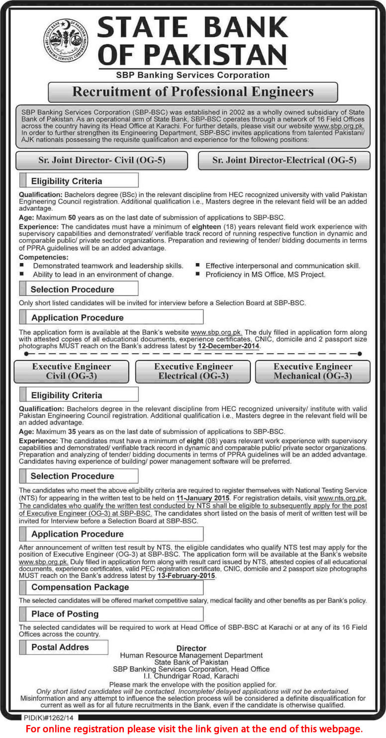 State Bank of Pakistan Jobs November 2014 Executive Engineers OG-3 NTS Registration Online