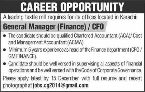 CFO / Finance Manager Jobs in Karachi 2014 December Latest Advertisement