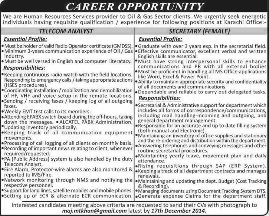 Female Secretary & Telecom Analyst Jobs in Karachi 2014 December HR Services Provider