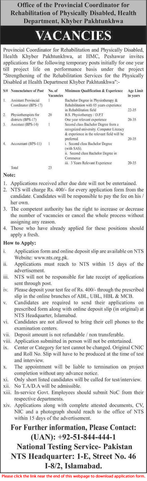 Health Department KPK Jobs 2014 December / 2015 January Physiotherapists & Admin Staff NTS Application Form
