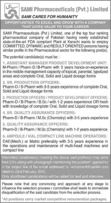 Sami Pharmaceuticals Pvt. Ltd Karachi Jobs 2015 February Pharmacists, Chemists & Mechanical Engineers