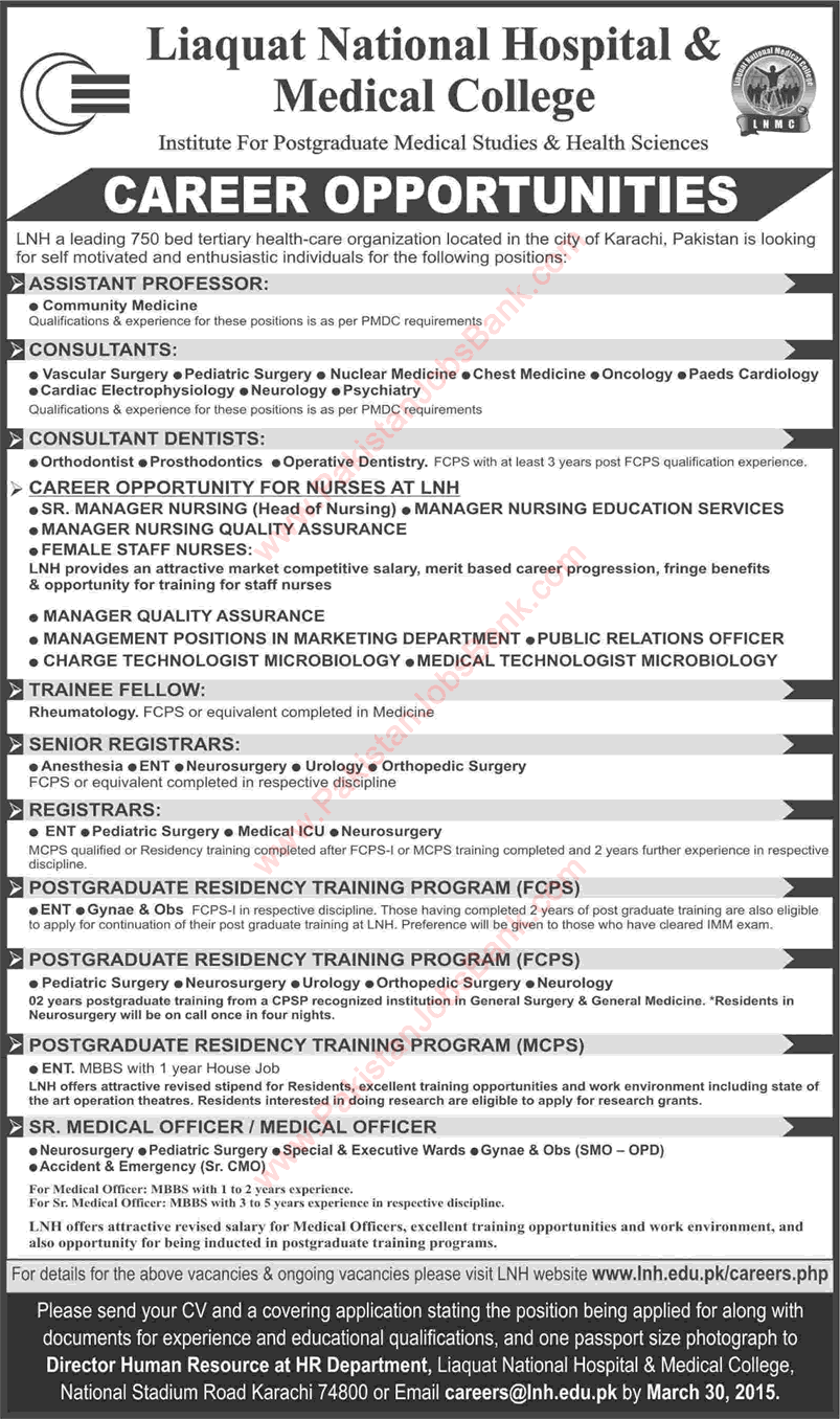 Liaquat National Hospital Karachi Jobs 2015 March Medical Faculty, Trainee Fellows, Nurses & Others
