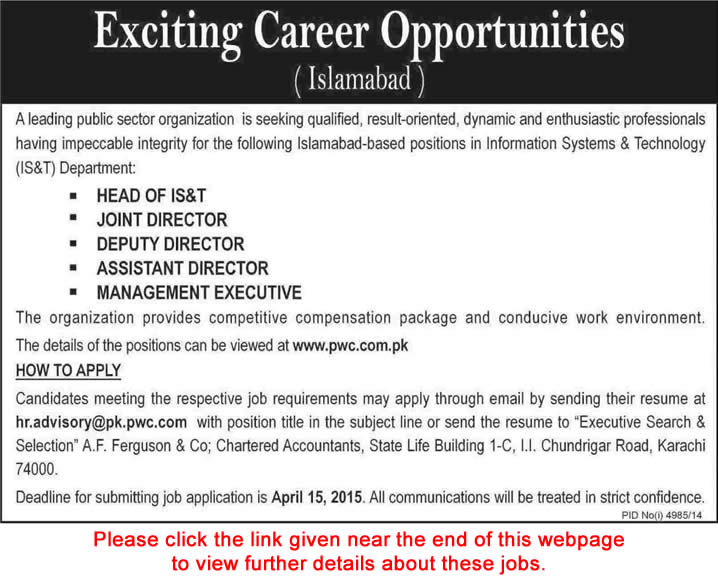 Information Systems and Technology Department Islamabad Jobs 2015 March / April PWC Pakistan