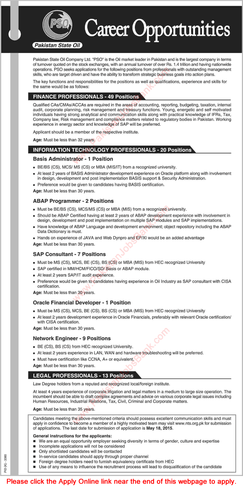 Pakistan State Oil Jobs May 2015 NTS Online Registration Form Finance / IT / Legal Professionals Latest