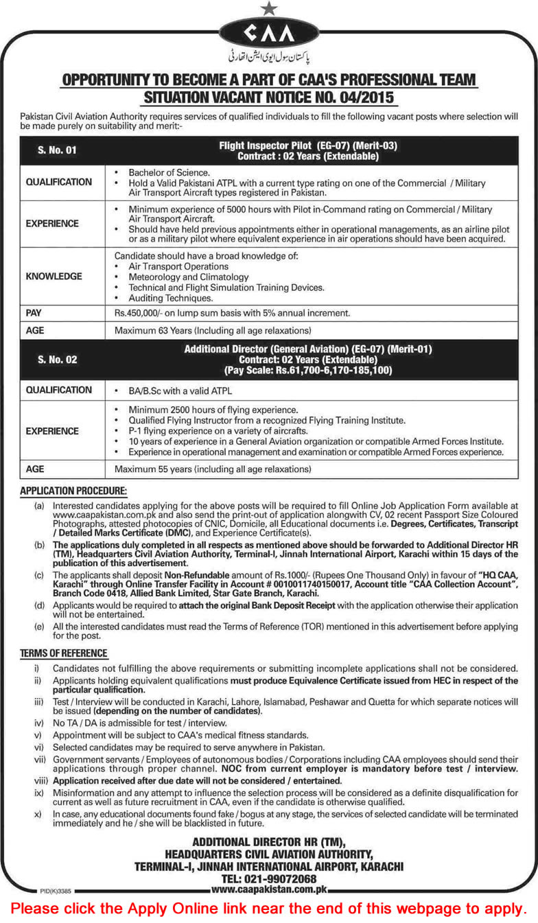 Pakistan Civil Aviation Authority Jobs 2015 May Apply Online Flight Inspector Pilot & Additional Director