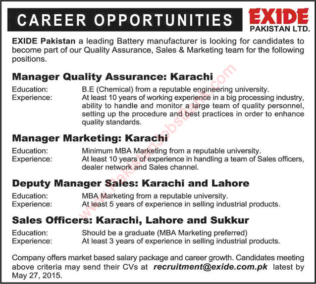 Exide Pakistan Jobs 2015 May Quality Assurance Manager, Sales and Marketing Manager / Officers