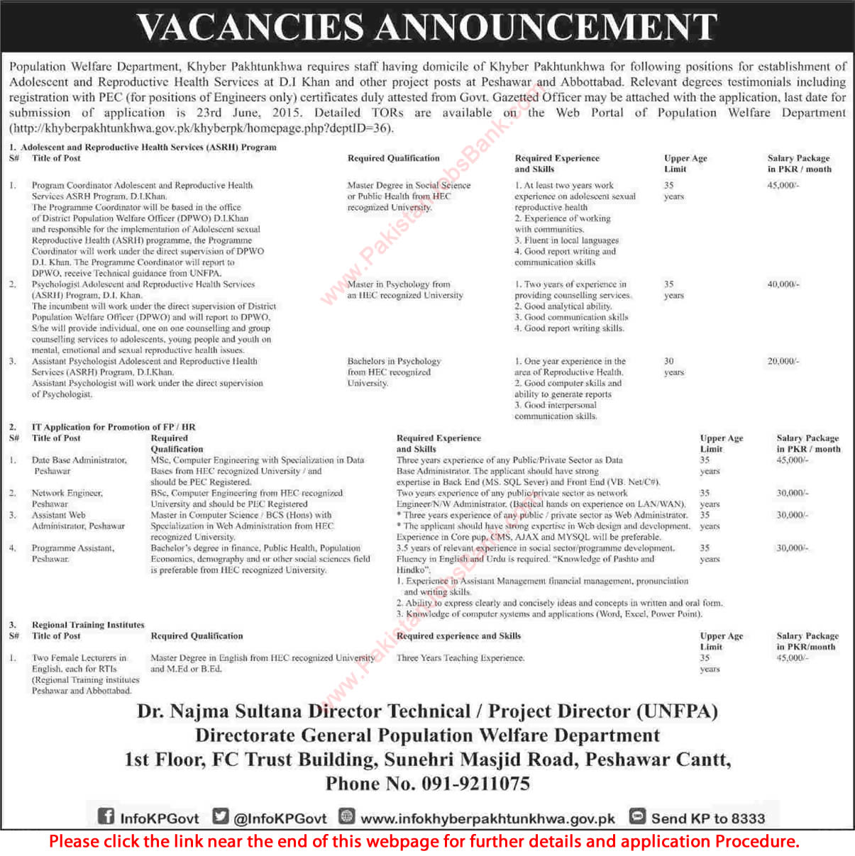 Population Welfare Department KPK Jobs 2015 June Psychologists, Lecturers, Network Engineer & Others