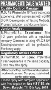 Pharmacist Jobs in Karachi 2015 July / August in Pharmaceutical Company Latest