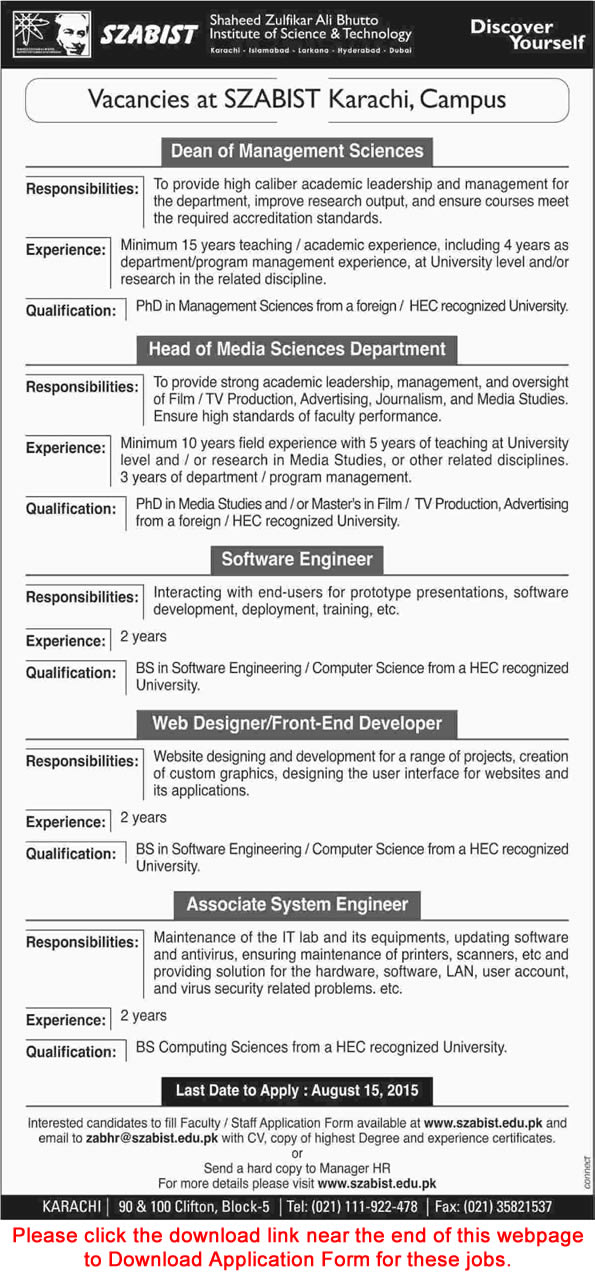 SZABIST Karachi Jobs 2015 August Software / System Engineer, Web Designer & Department Heads
