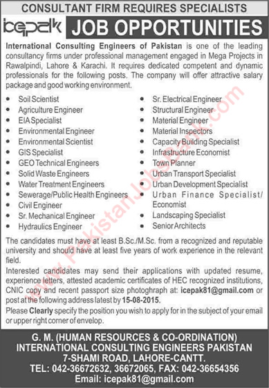 International Consulting Engineers of Pakistan Jobs 2015 August ICEPAK Engineers & Specialists