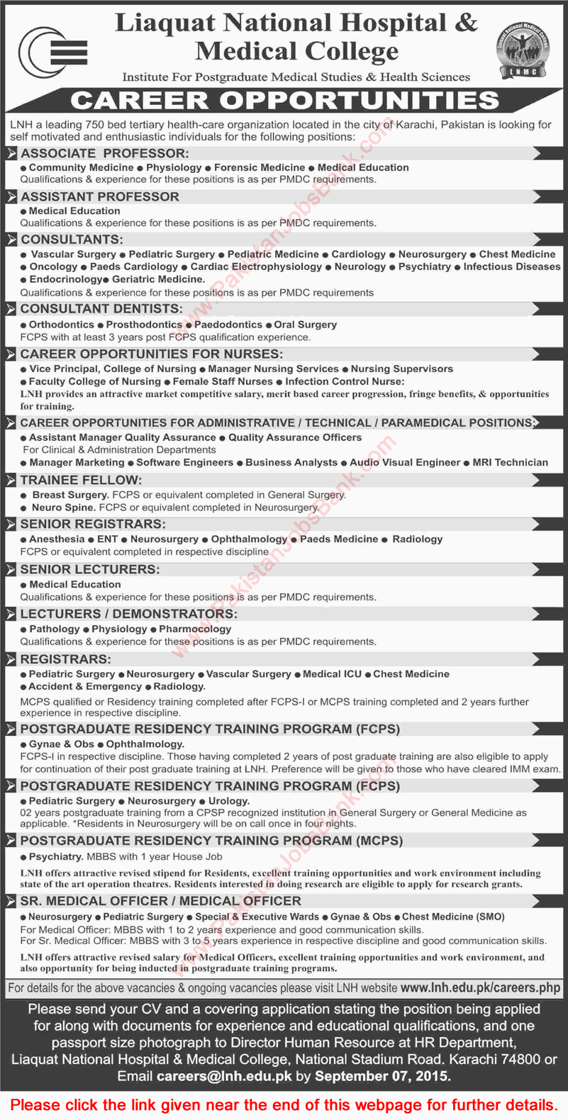 Liaquat National Hospital & Medical College Karachi Jobs 2015 August / September LNMC Latest