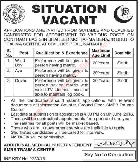 Civil Hospital Karachi Jobs May 2016 Ward Boy, Aya & Driver SMBB Trauma Centre Latest